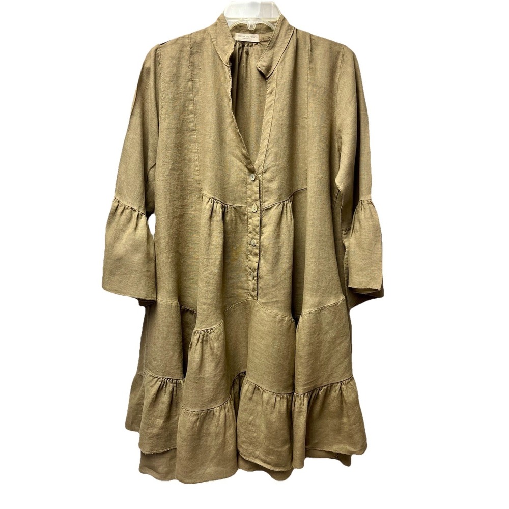 Chocolate Preppy M/L Tan Linen Tiered Peasant Dress Boho Lagenlook Fairy Cottage